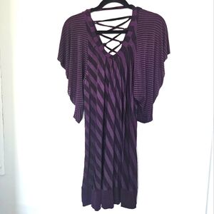 CHIFON Purple And Black Stripe Butterfly Sleeve Braided Open Back Mini Dress